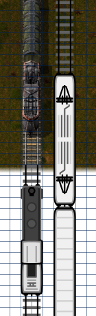 Factorio train compared to abaout proportional normal gauge train models from another project. They are 65 px wide.