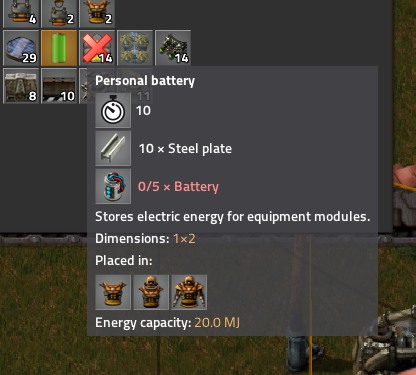 Personal battery doesn't show total raw components needed.