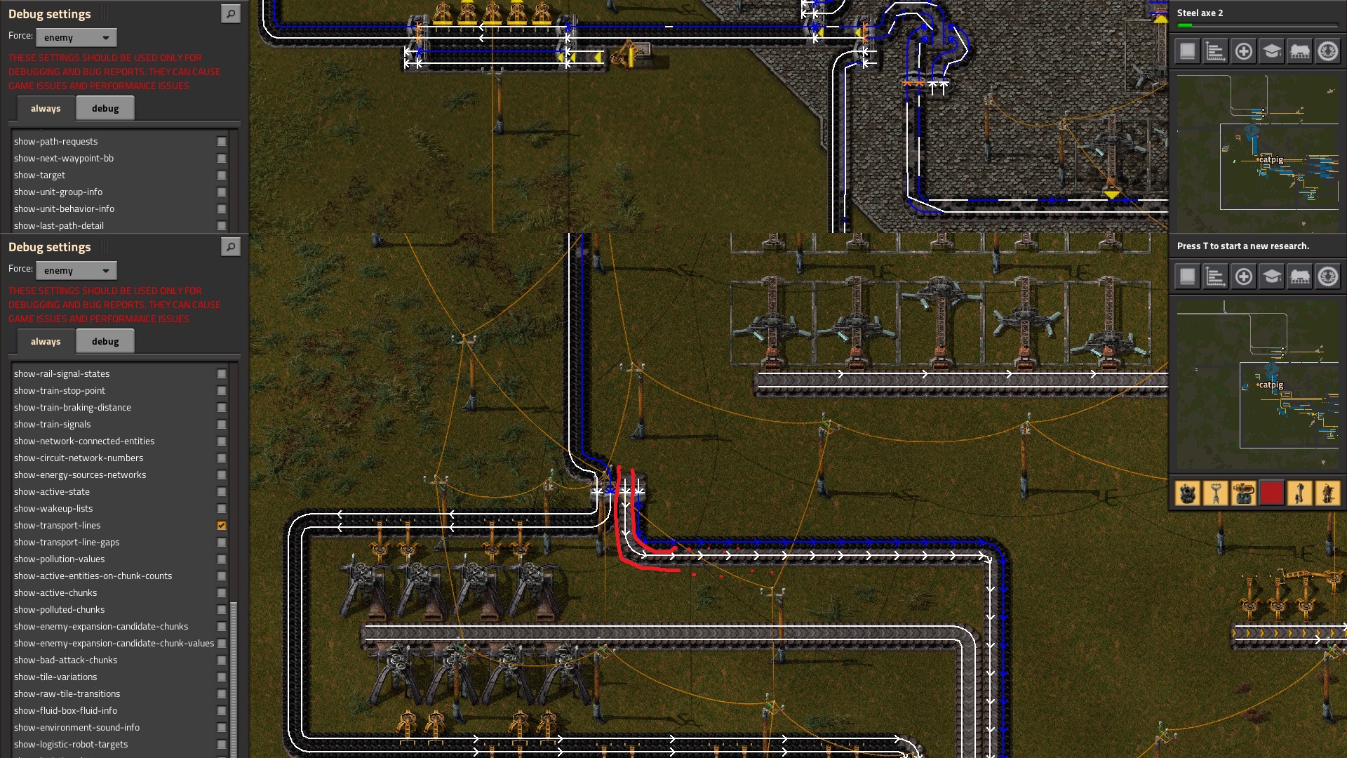 factorio items not moving on belt with debug and only boblogistics+boblib.jpg