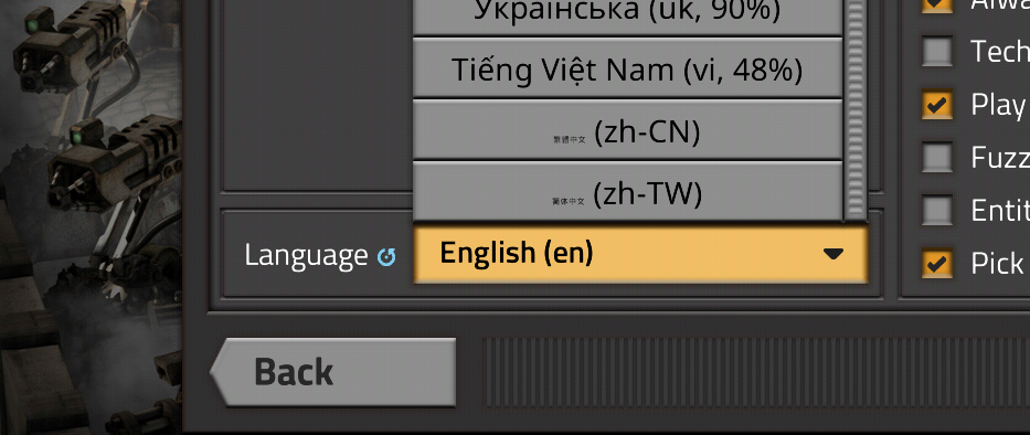 The drop down menu of languages from 0.17.24. Shot on 200% scale.