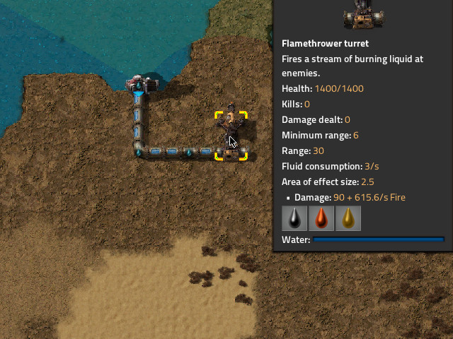 Flamethrower turret connected to a water pipe