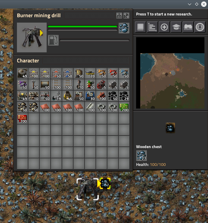 Mining drill and output chest after consuming 3 pieces of coal.