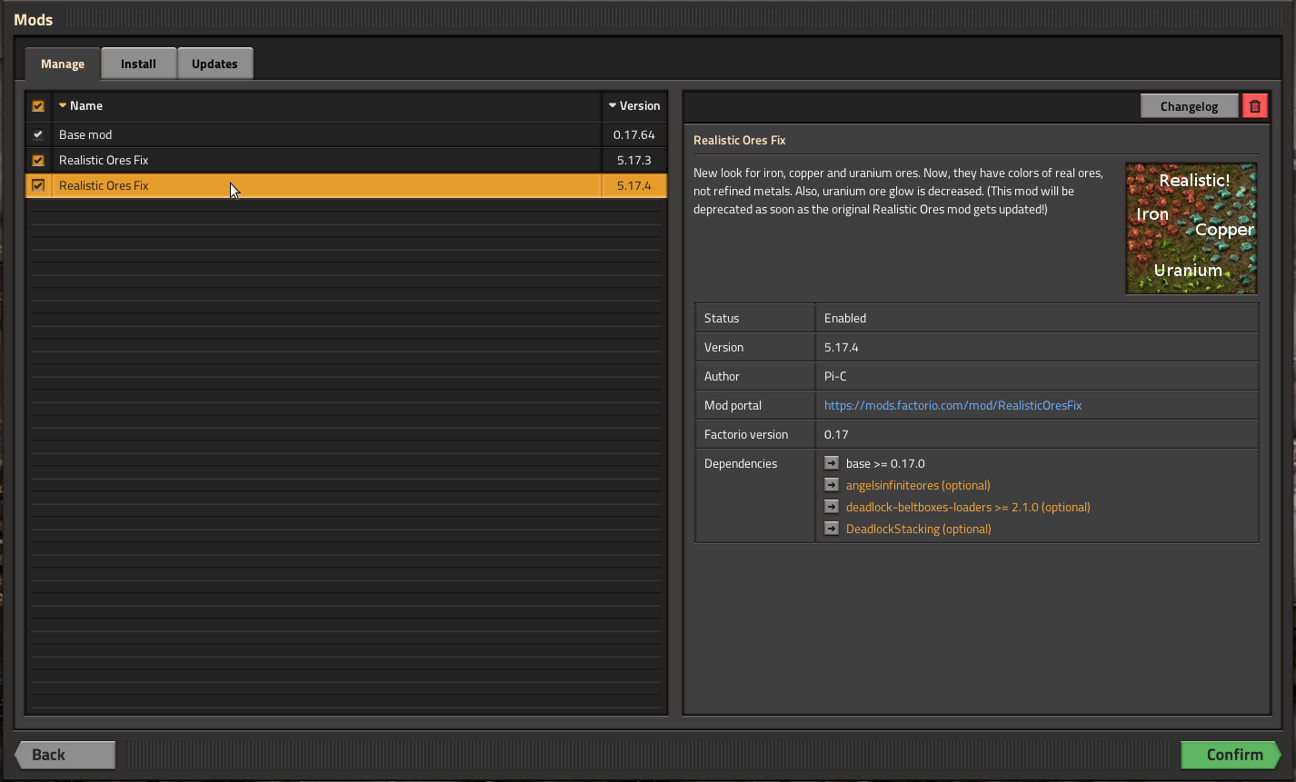 Both mods installed: For my mod (5.17.4), version, author, and mod portal differ from original mod, which is correct.