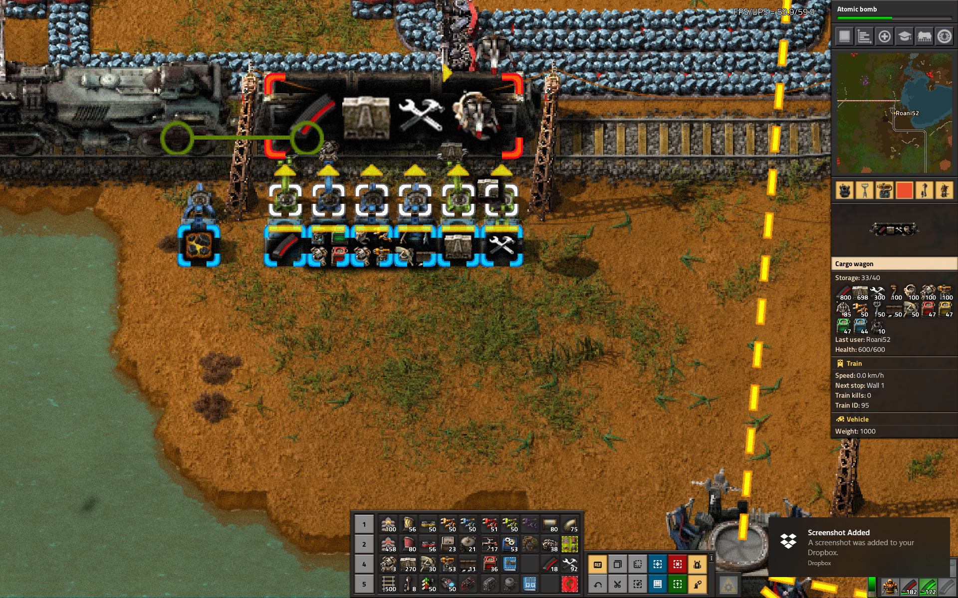 Train being supplied simultaneously at the base station. Train should hold 700 walls, but shows here an inventory of 698.