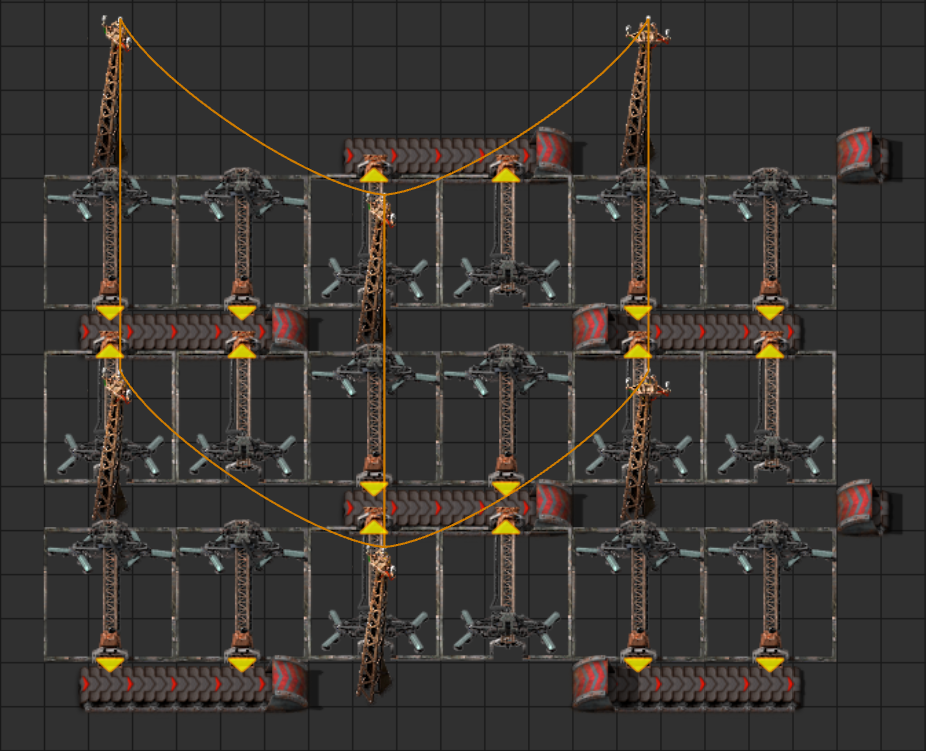 Mining sites with doubled belts throughput (compared to the simplest design).<br />Outputs belts with 3-tiles gaps.