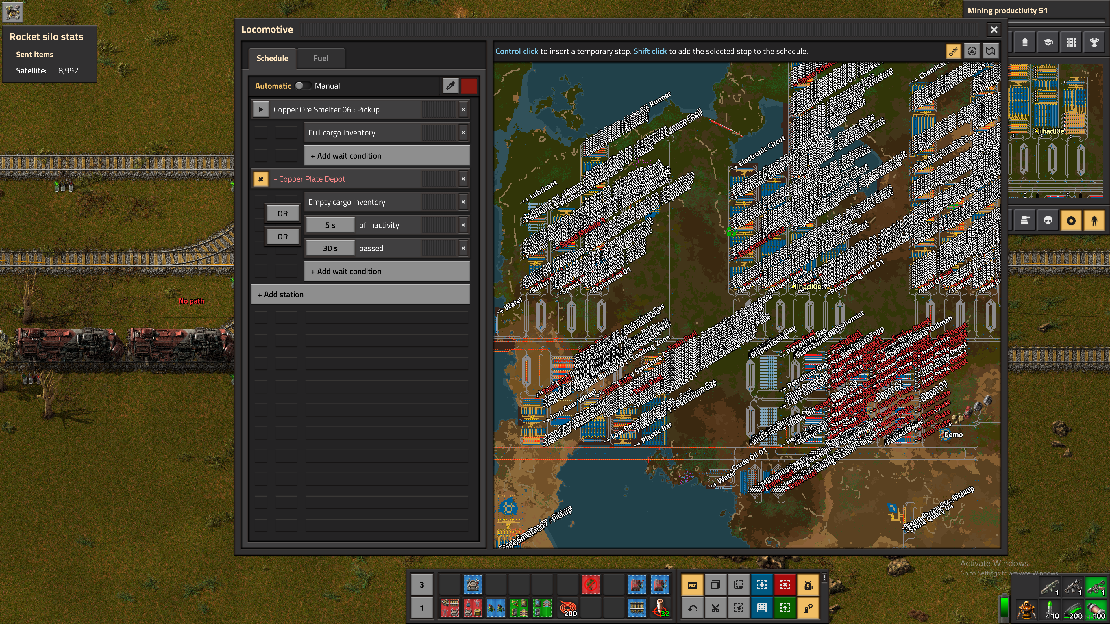 This train, and a few more like it, were traveling from 'Copper Ore Smelter 06 : Pickup' to '- Copper Plate Depot'. All of the '- Copper Plate Depot' stops became full and where closed by the circuit network. The trains all came to a dead stop. If I manually press the 'Copper Ore Smelter 06 : Pickup' button, the train will travel to that station.