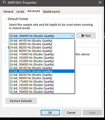 Screencap of available USB audio formats for my DAC/AMP