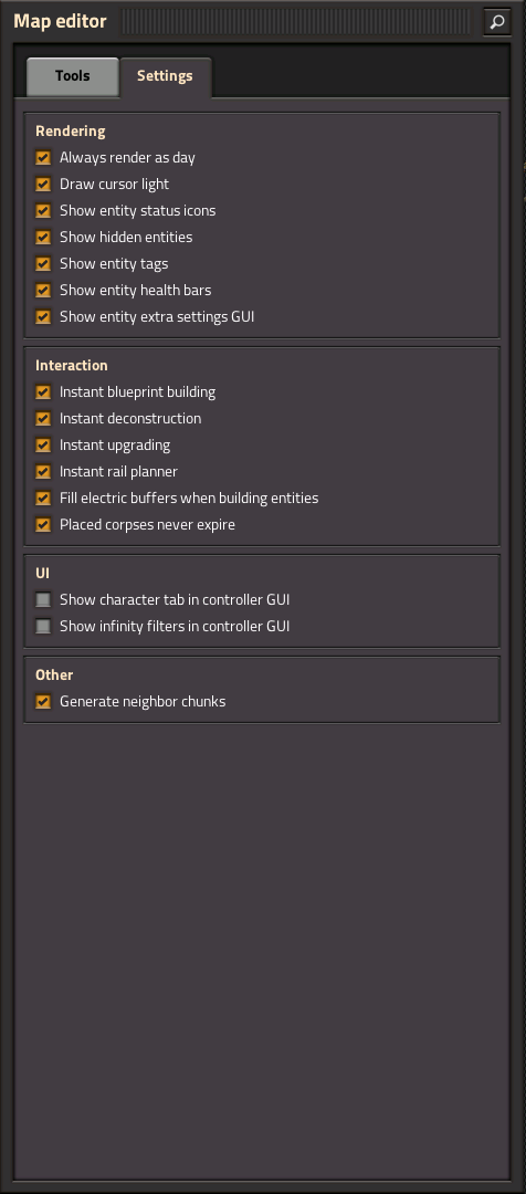 Settings tab when Entities tool was selected.