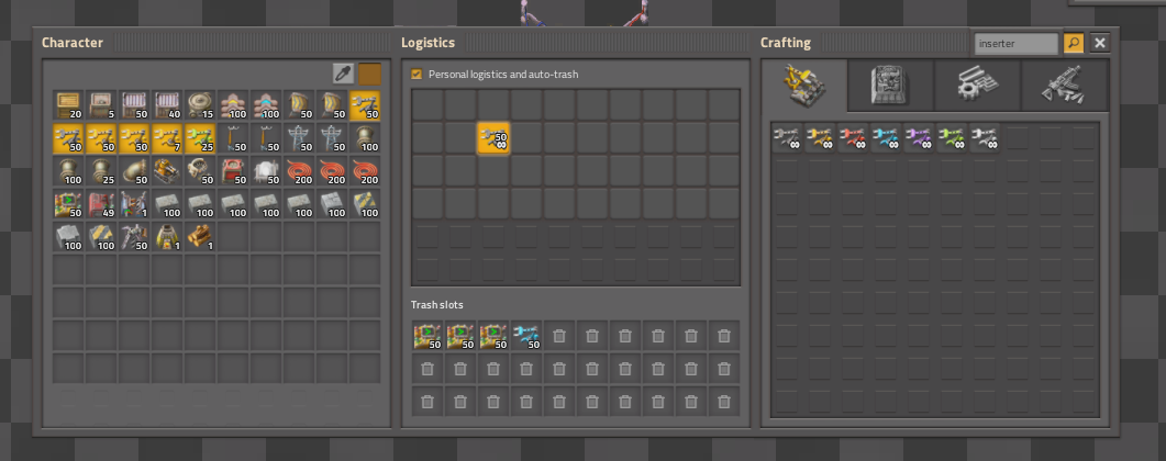 The player inventory GUI showing a working inventory search, searching the main inventory, logistics requests and crafting menu.