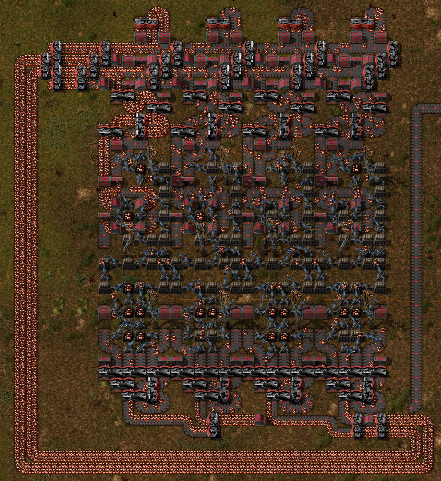 Final design so far:<br /> +can fill 2 belts with max compression<br /> -does not use the full inserter stack size bonus (3 inputs, 3 outputs per row)