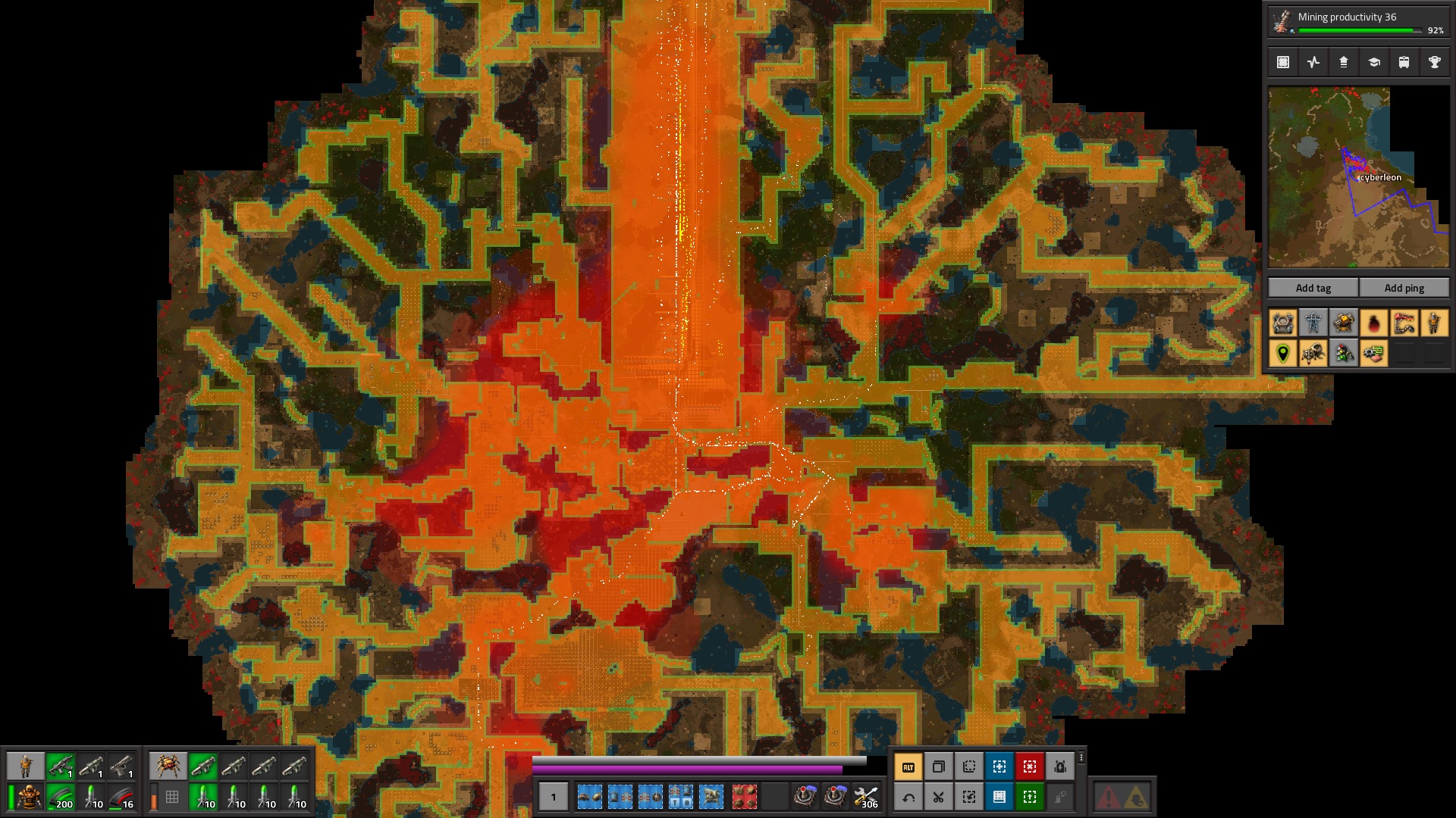 My map at max zoom out. There are far more ressources inside the border, but my attempt was to never let the pollution cloud hit the biter camps, so I only need 2 lines of lasertowers that are as good as never shooting instead of 6 rows with lasers and flametowers and perma repair.