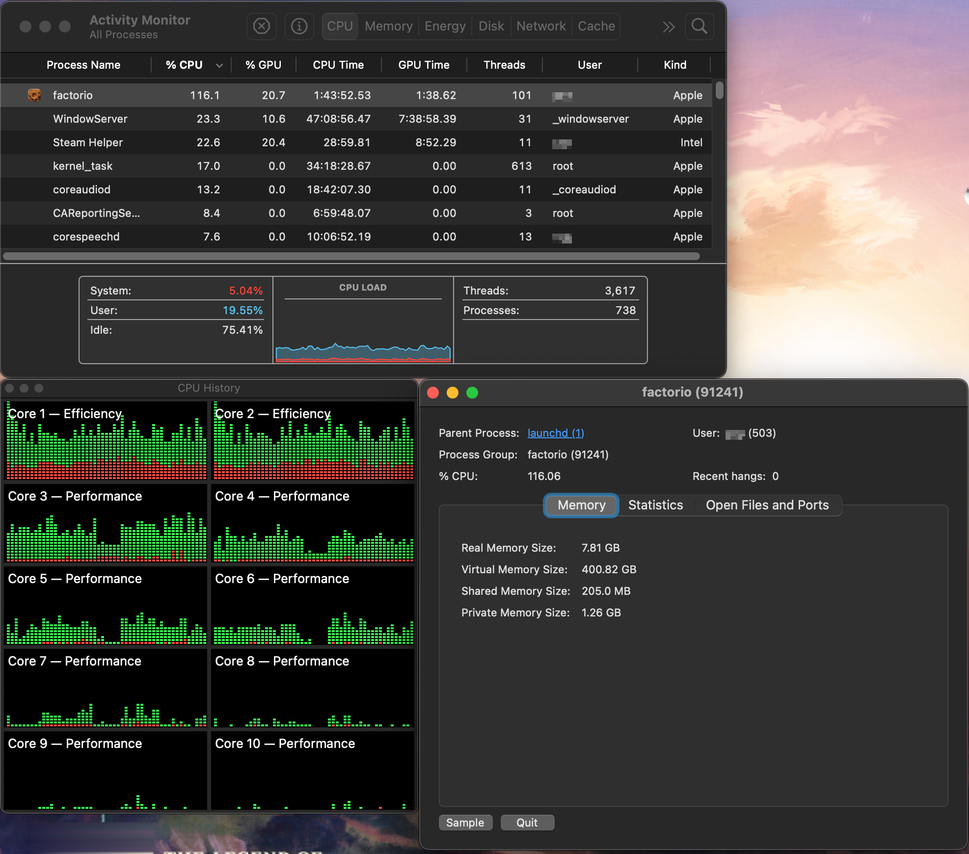Activity Monitor screenshot. Note that both e-cores are near-constantly at full use, while 4 p-cores are nearly idle