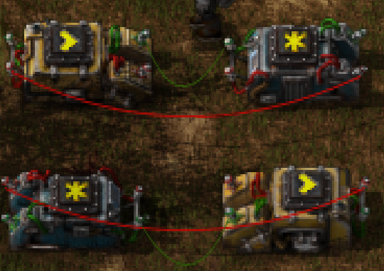 Bottom circuit network is copy of the top but rotated 180. <br />Wires remain in the same exact position even though the inputs and outputs have changed.