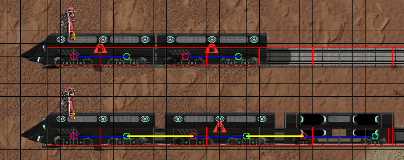 The bottom train was connected by manually reversing, the top one was paced at the snapping points of the game