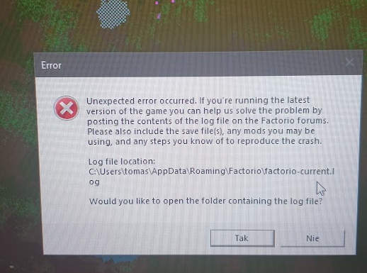 screenshot of error message