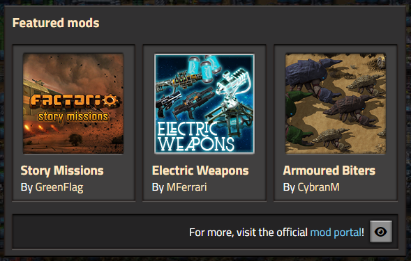 A recent screenshot of the &quot;Featured mods&quot; section on the Factorio home page.