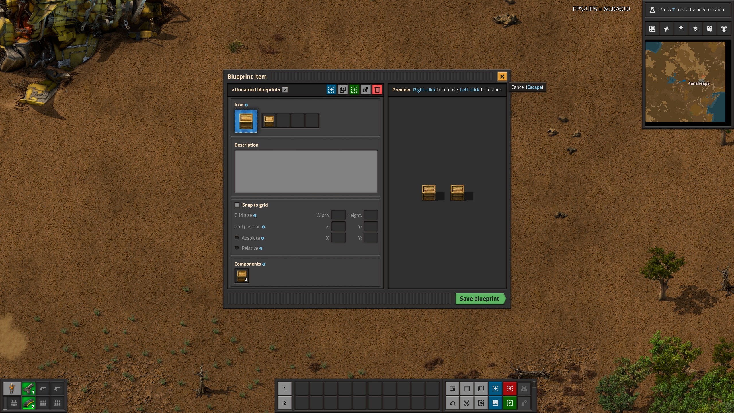 Blueprint dialog immediately shows 2 wooden boxes, which is correct. However, we want to discard changes, so we click X in top right of the window