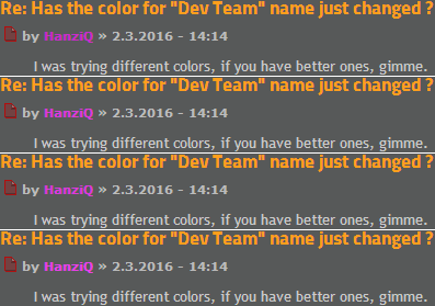 Different colors of the dev team on the forum
