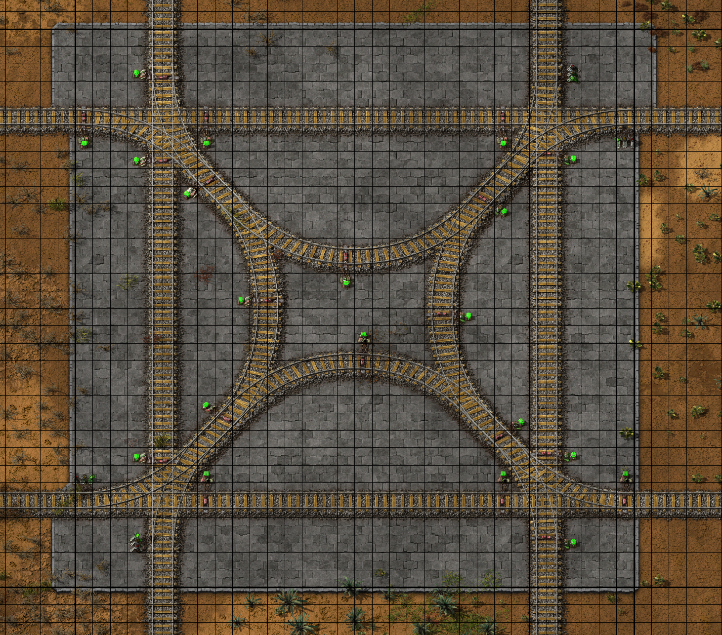 The interchange. 136 rails, 24 signals, 32x32, supports u-turns. When tiled, will form a roundabout.