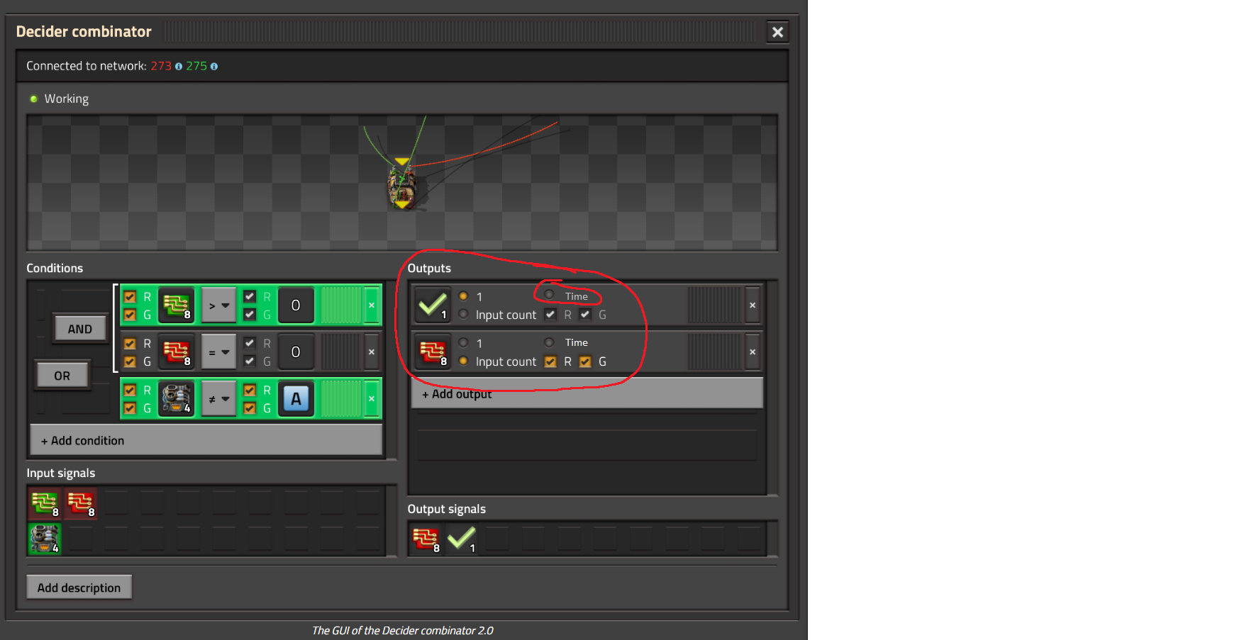 This illustrates how I think the Factorio 2.0 GUI could look like with a time output for the decider combinator.