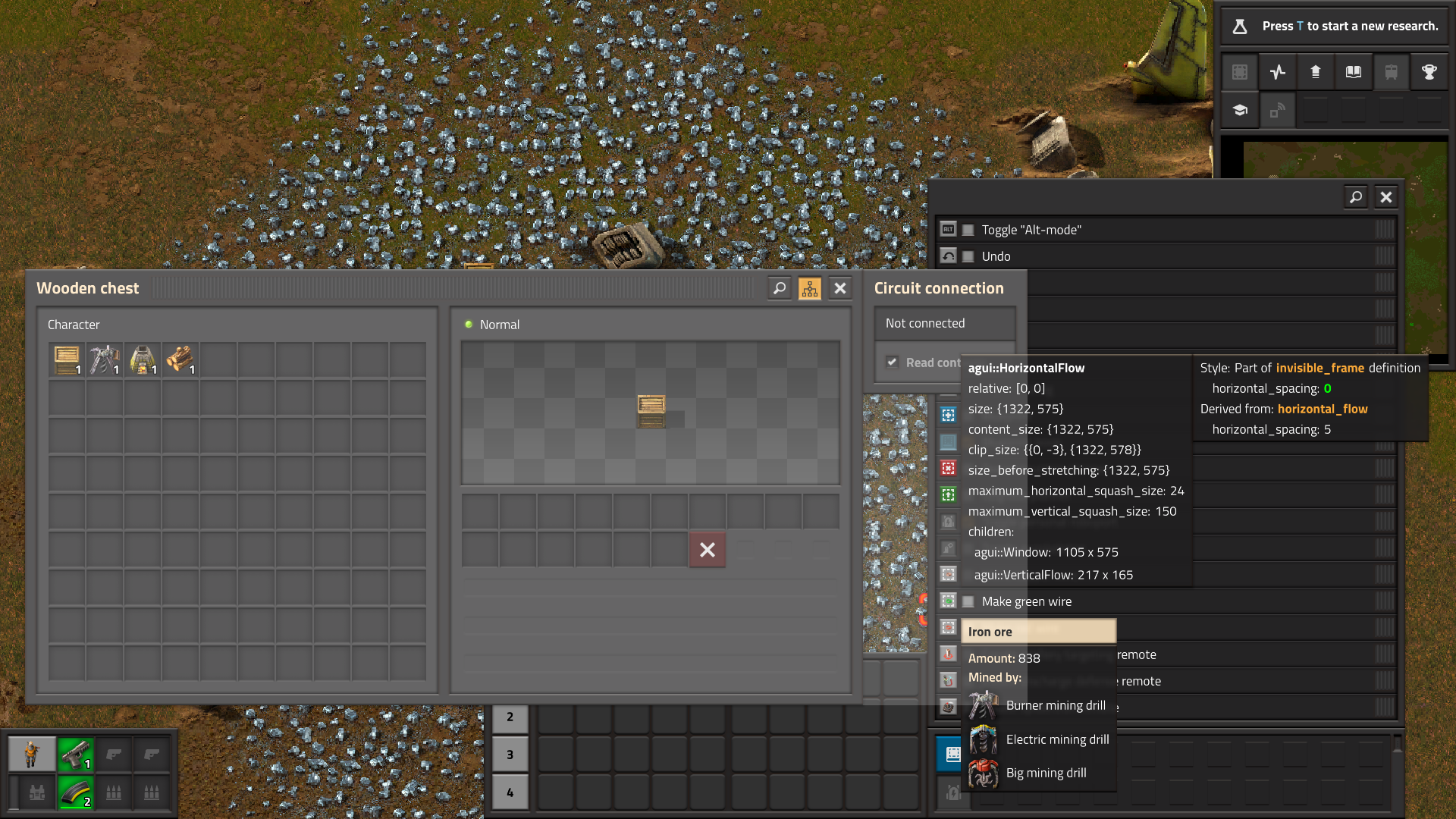 the cursor is over the &quot;Make green wire&quot; button, but it highlights the iron ore below