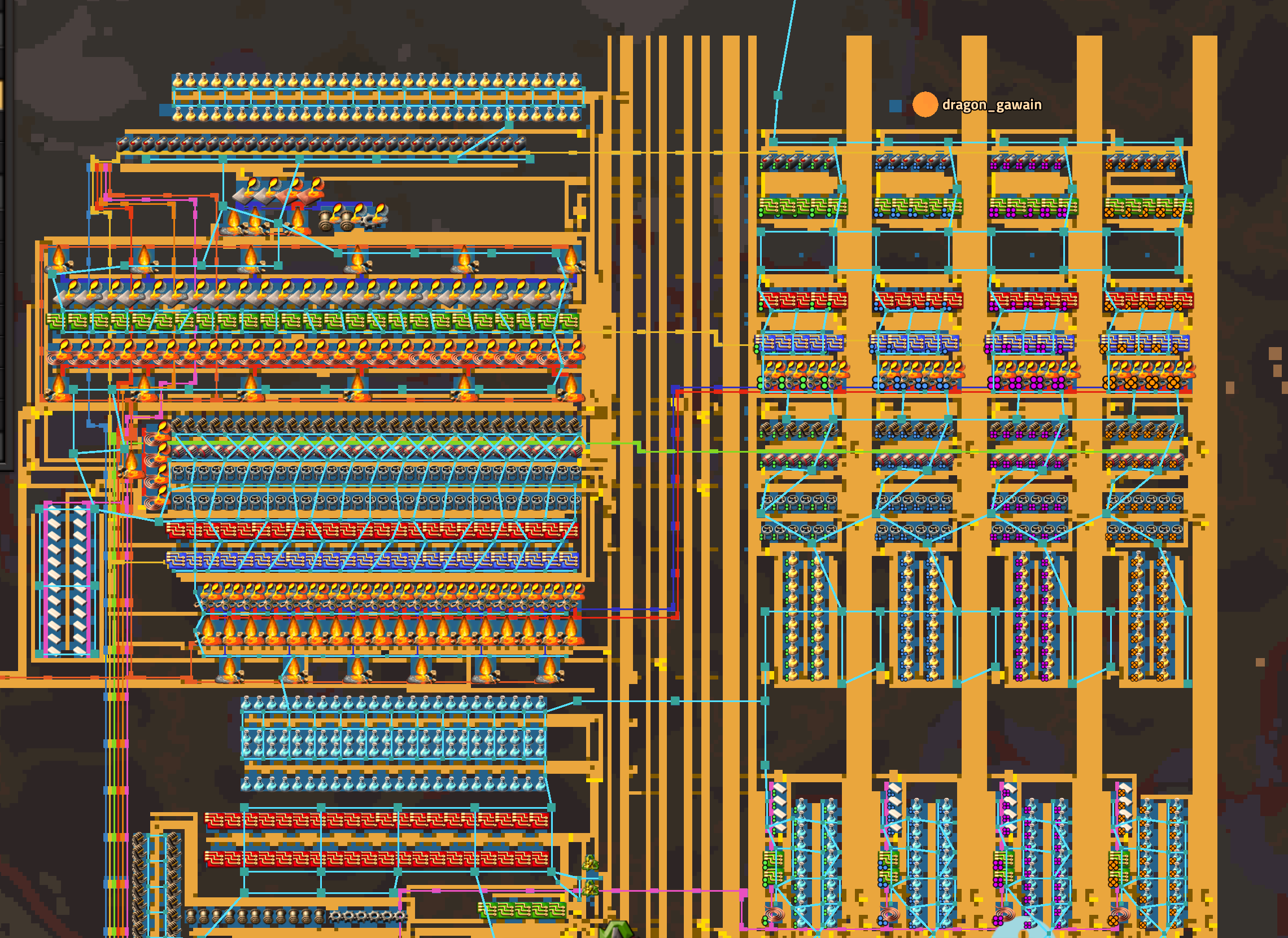 Picture 1: General overview of my yellow science quality factory (as well as the upper half of the blue science one) to demonstrate multiple nigh-identical parallel factories whose only differences are the qualities