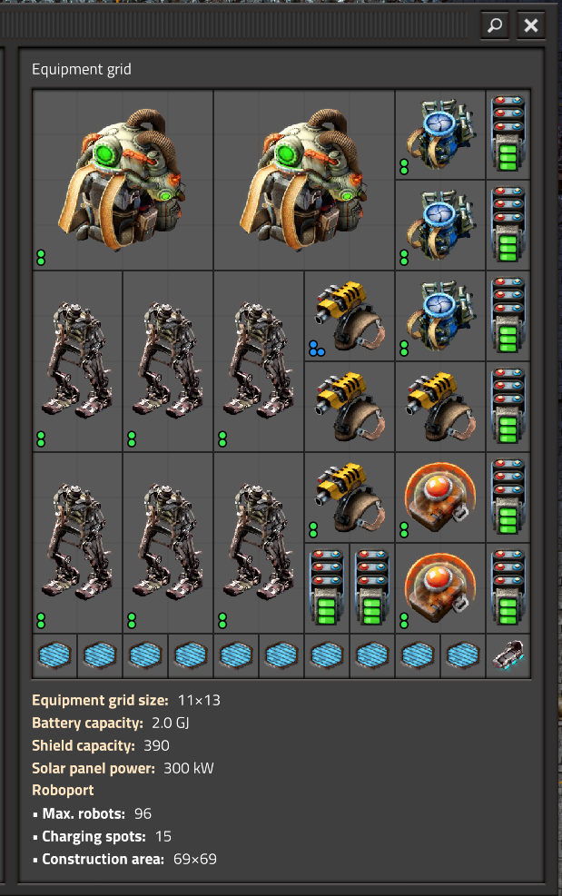 Mech armour equipment grid shown with stats
