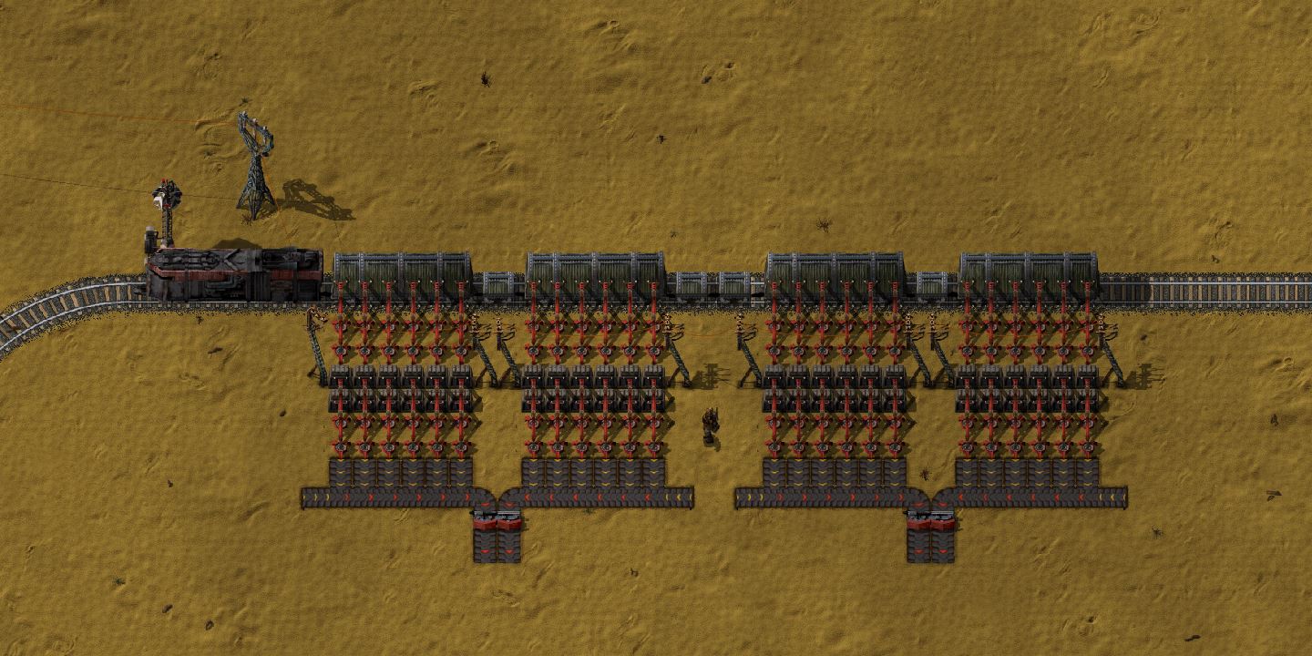 A hypothetical train consisting of spacer cars and 6-tile long cargo wagons, at a roomier high-speed unloading station.
