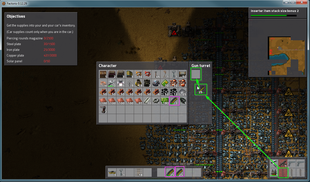 This view shows the inventory open, I have two ammo stacks in my quick slots, and one in my inventory, and I am about to click to place the ammo from my equipped items