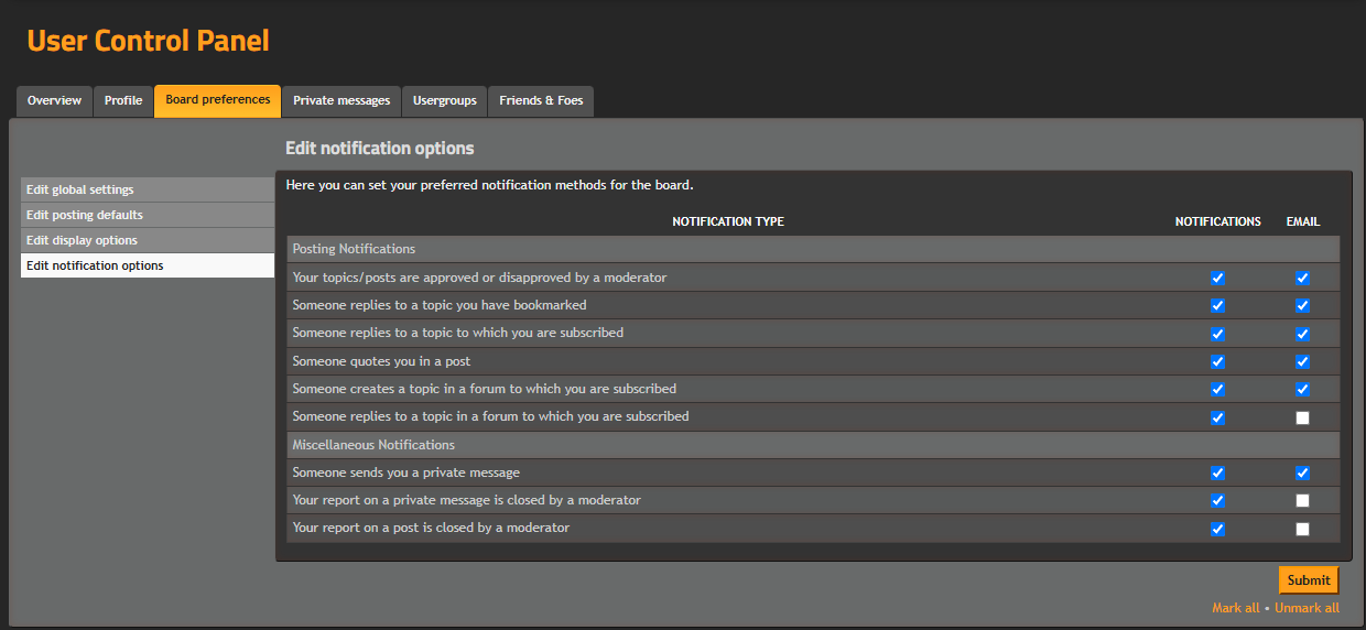 Forums notification settings