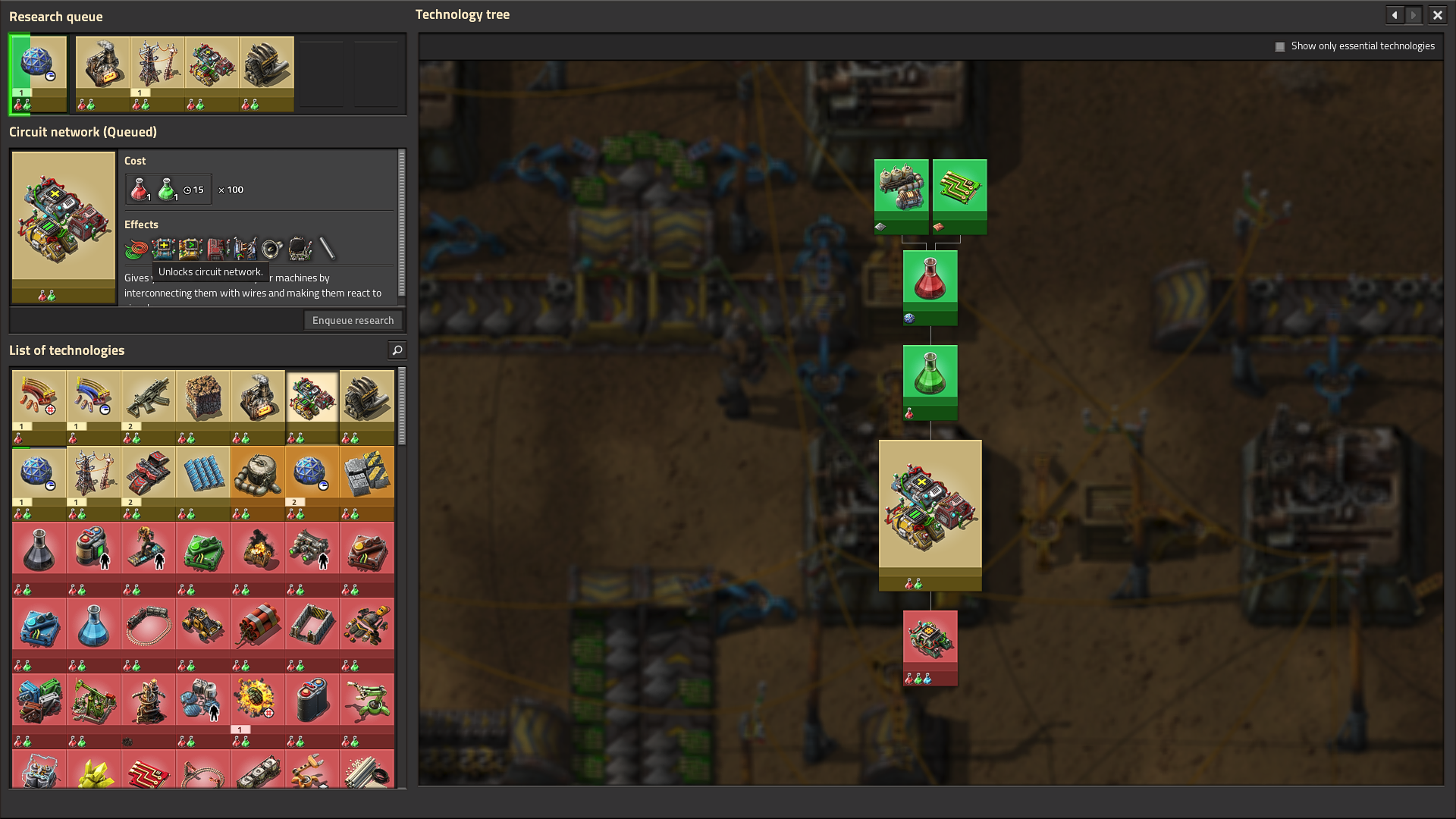 Research screen with mouse over &quot;effects&quot;: Unlocks circuit network.