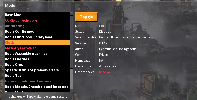 Here you sees one of your mods &quot;clock&quot; and base mod dependencies