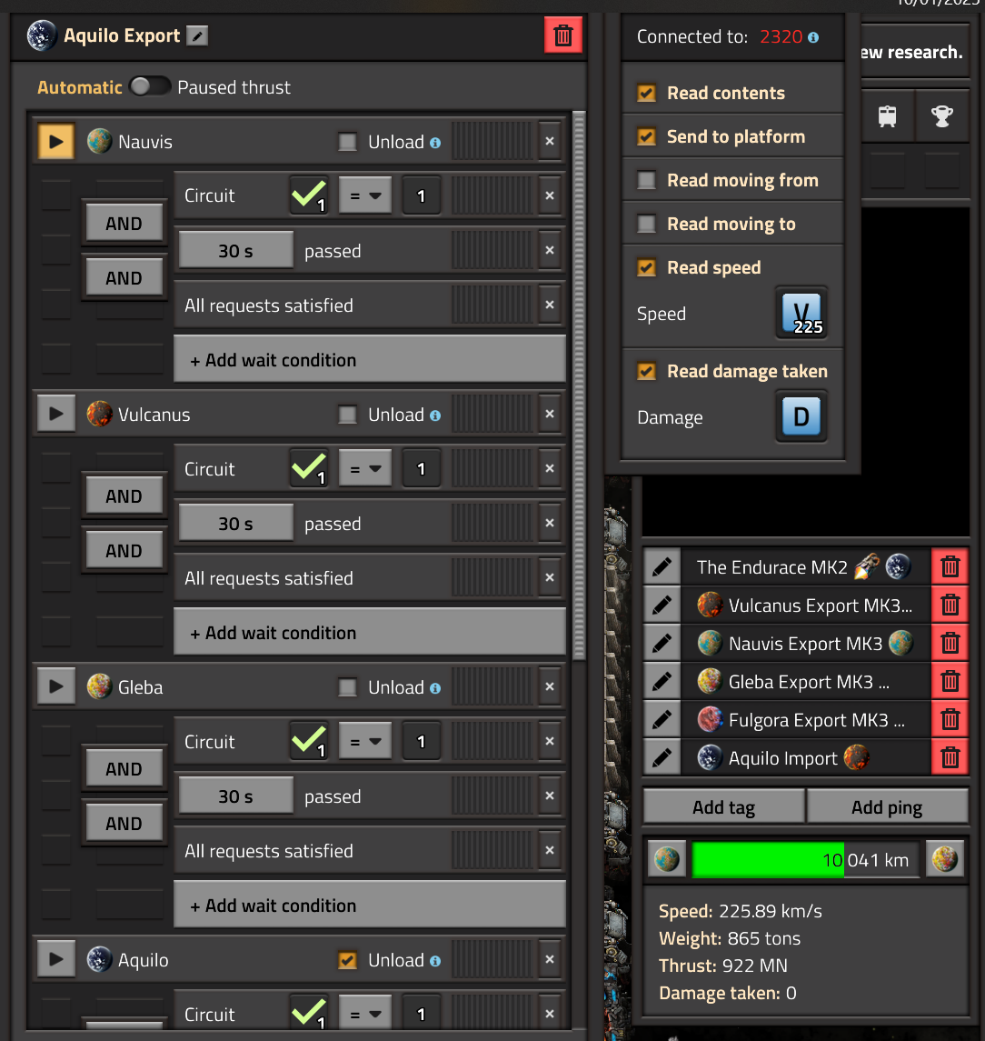 This is an image of the schedule (of the original ship) and the side menu just after I had pasted the hub onto the ship. You can see that the schedule states that it should be heading to Nauvis but the side menu shows that the ship is heading away from Nauvis towards Gleba (as the old schedule states)