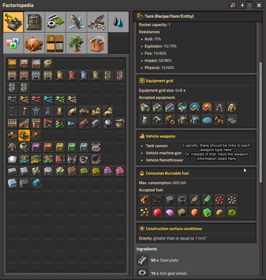 Factoriopedia page of Tank, showing lack of weapon information